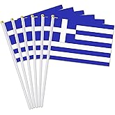 12 Pack Small Greece Flags on Stick, 5x8'' Handheld Greek Flag, 12'' Plastic Staff, Double-Sided Printed Polyester, Waterproof Fade-Resistant for Independence Day, Parades, Patriotic Events