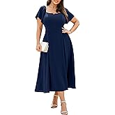 RWJ Plus Size Dresses for Women Formal Cocktail Elegant V Neck Short Sleeve Summer Wedding Guest Maxi Dress with Pocket