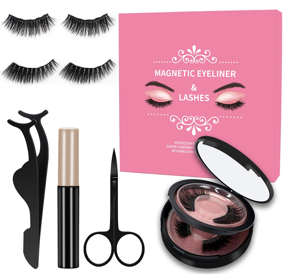 Magnetic Eyeliner and Lashes Kit,5 Magnets Reusable False Eyelashes Set,Dramatic Look Fluffy False Lashes Kit for Eyelashes Extensions,2 Pairs of 2 Different Styles Fake Eyelashes