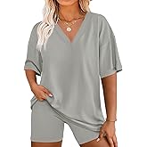 Beautife Womens Plus Size 2 Piece Lounge Sets V Neck Oversized T Shirts Biker Shorts Workout Matching Summer Outfits