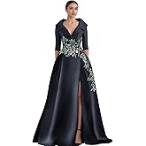 luolandi A-Line Evening Dress Elegant Formal Dresses Floor Length Half Sleeve Shirt Collar Satin with Slit Embroidered