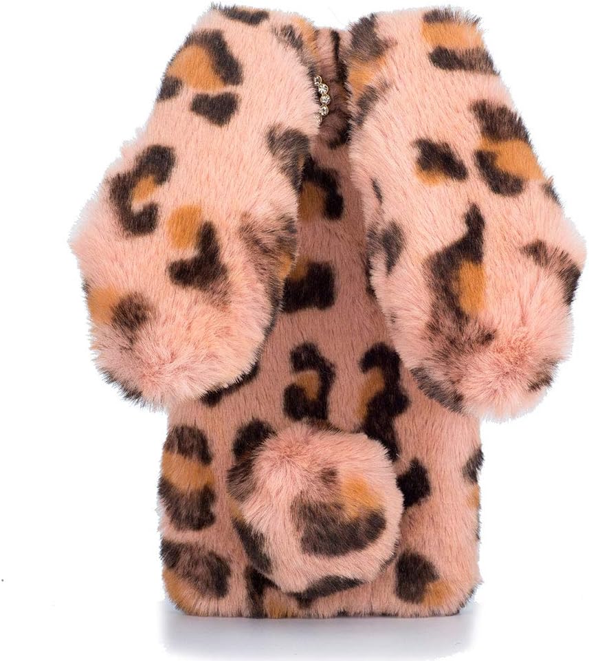 HongHushop Cute Rabbit Case Plush Cover for Samsung Galaxy S8 Plus Case Super Soft Warm Fluffy Furry Bunny Ears Shockproof Back Case Cover Chic Bling Crystal Diamond Bowknot Case -pink leopard
