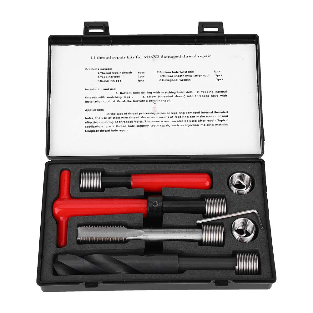 Thread Repair Kit, M16x2 Stainless Steel Twisted Drill Tap Wrench Threaded Insert Tool Helical Threaded Insert Kit for Thread Repairing
