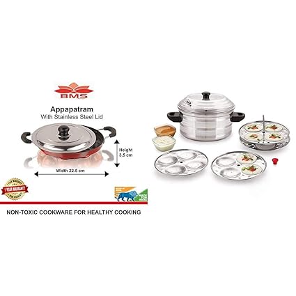 BMS Lifestyle Non-Stick 12 Cavity Appam Patra Side Handle with lid, Color May Vary + BMS