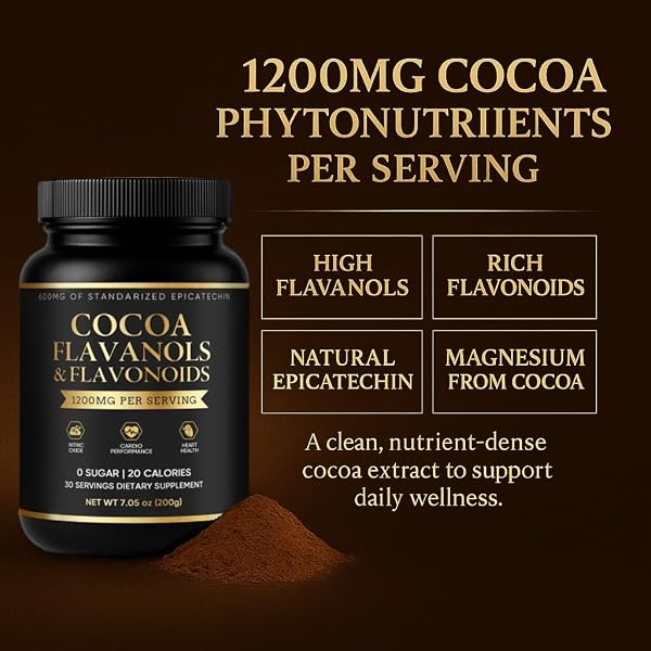 HIGH-FLAVANOL COCOA POWDER SUPPLEMENT –RICH IN NATURAL COCOA FLAVONOIDS & EPICATECHIN BLEND, VEGAN, NON-GMO, NO SUGAR ADDED, SUPPORTS DAILY VITALITY, 7.05 OZ