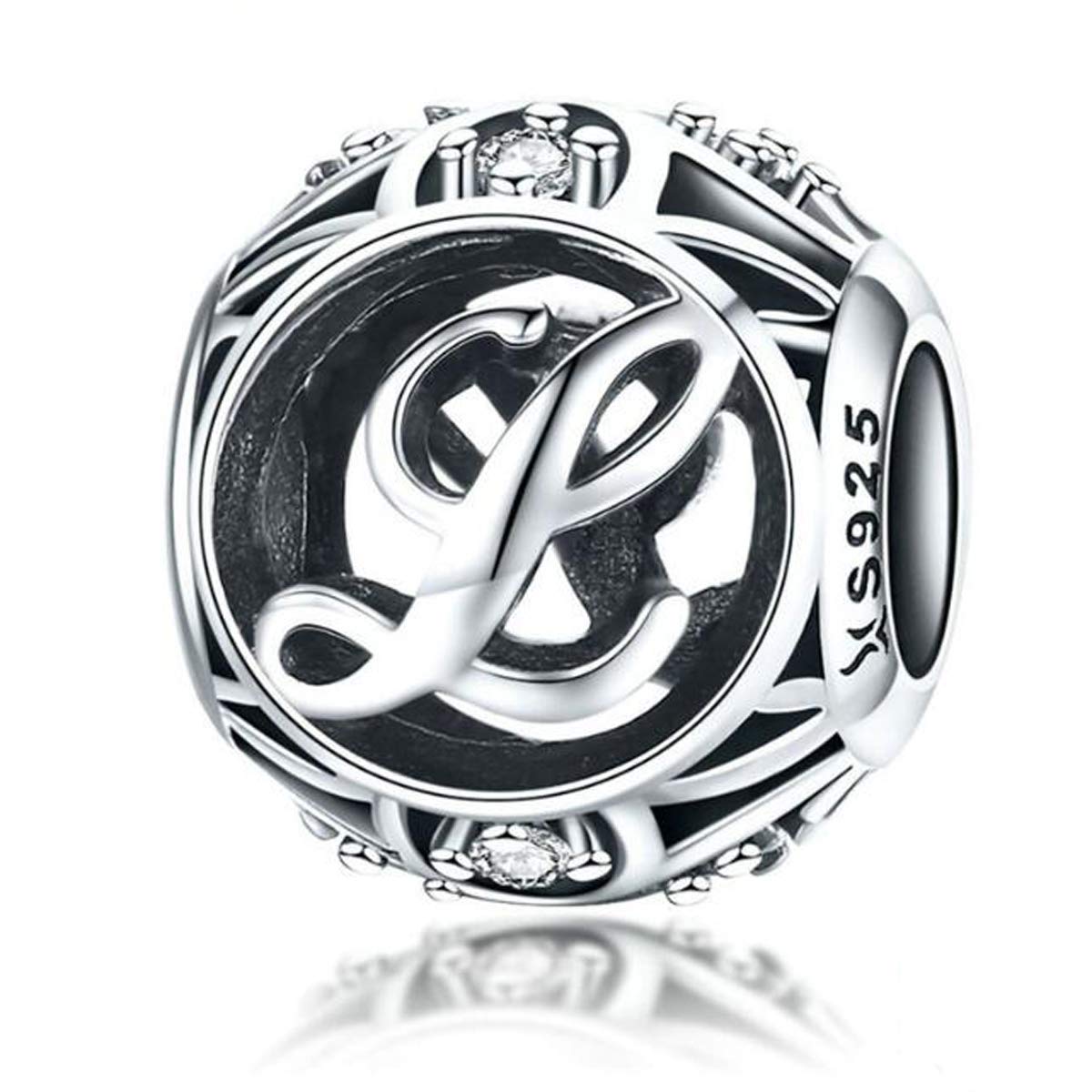 Letter Alphabet Charm 925 Sterling Silver Letter Beads Initial A-Z Alphabet Charms for Bracelets,Compatible with Pandora,European Charm Bracelet Bead (L)