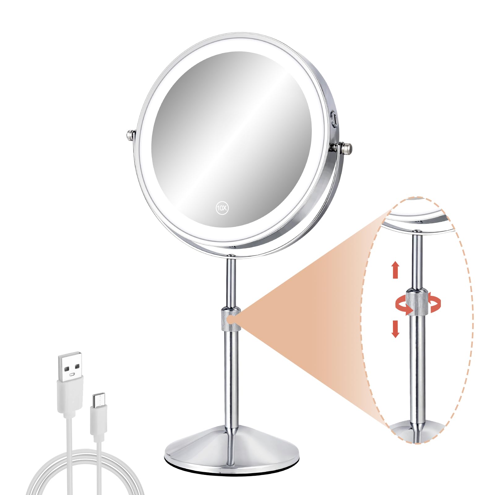 FFowcye 8" Vanity Mirror with Lights, 1X/10X Magnifying Makeup Mirror with Lighting & Adjustable Height/Brightness, Rechargeable 360° Rotating 3 Colour Lighting Touch Screen for Dressing Table