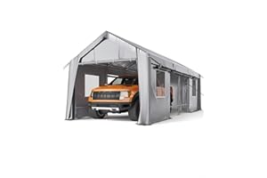 DEXSO 13'x25' Carport Windproof, Anti-High Wind Portable Garage, Reinforced Frames & 180 g PE Carport Canopy, with Front & Rear Doors, Shelter for Pickup, Boat, and Equipment, Silver Gray