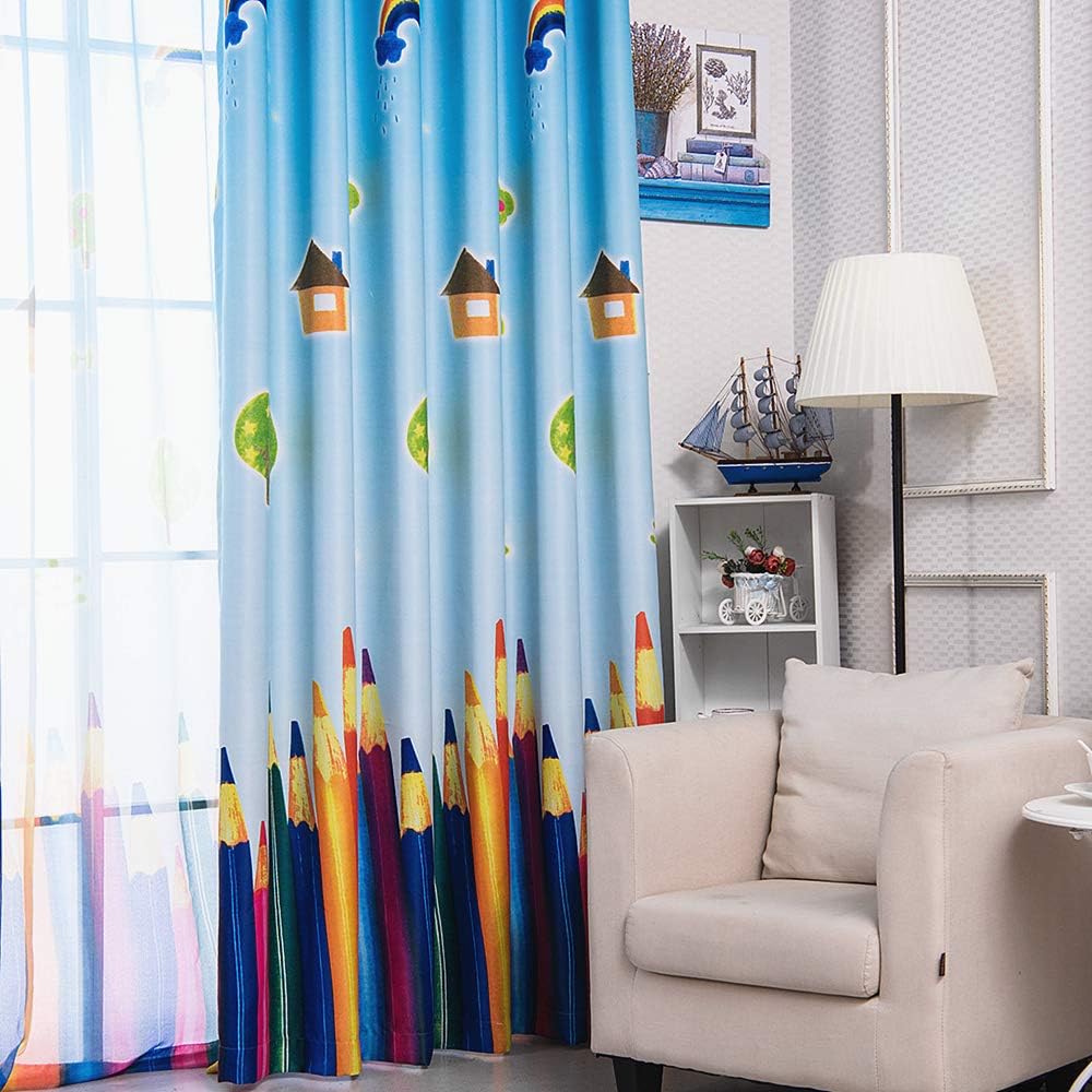 AiFish 1 Panel House Sun Rainbow Tree and Paintbrush or Colored Pencils Printing Kids Room Blackout Curtains Grommet Top Room Darkening Window Curtain Drape Panels for Preschoolers W52 x L84 inch