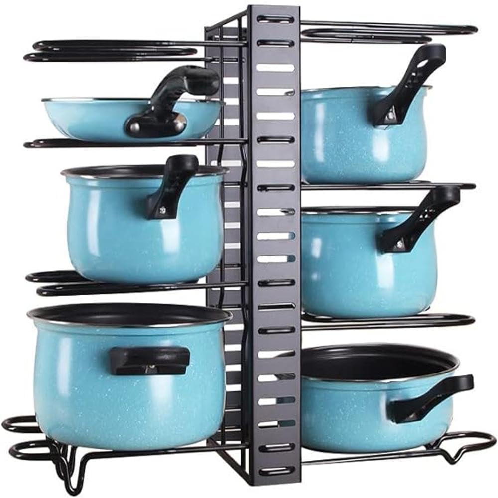 Buckingham Pots and Pans Stand Multi Function Organiser Rack 8-Tier Adjustable Sections Use for Kitchen Pantry Cabinet Cupboard Storage
