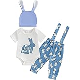 BeQeuewll My First Easter Baby Boy Outfit Infant Clothes Bunny Letter Print Shirt+Overalls Pants+Hats Spring Outfit Set