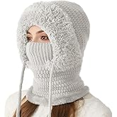 3 in 1 Beanie Hat with Scarf and Mask,Womens Knit Beanie Hat Fleece Lined Winter Scarf Mask Set Snow Caps