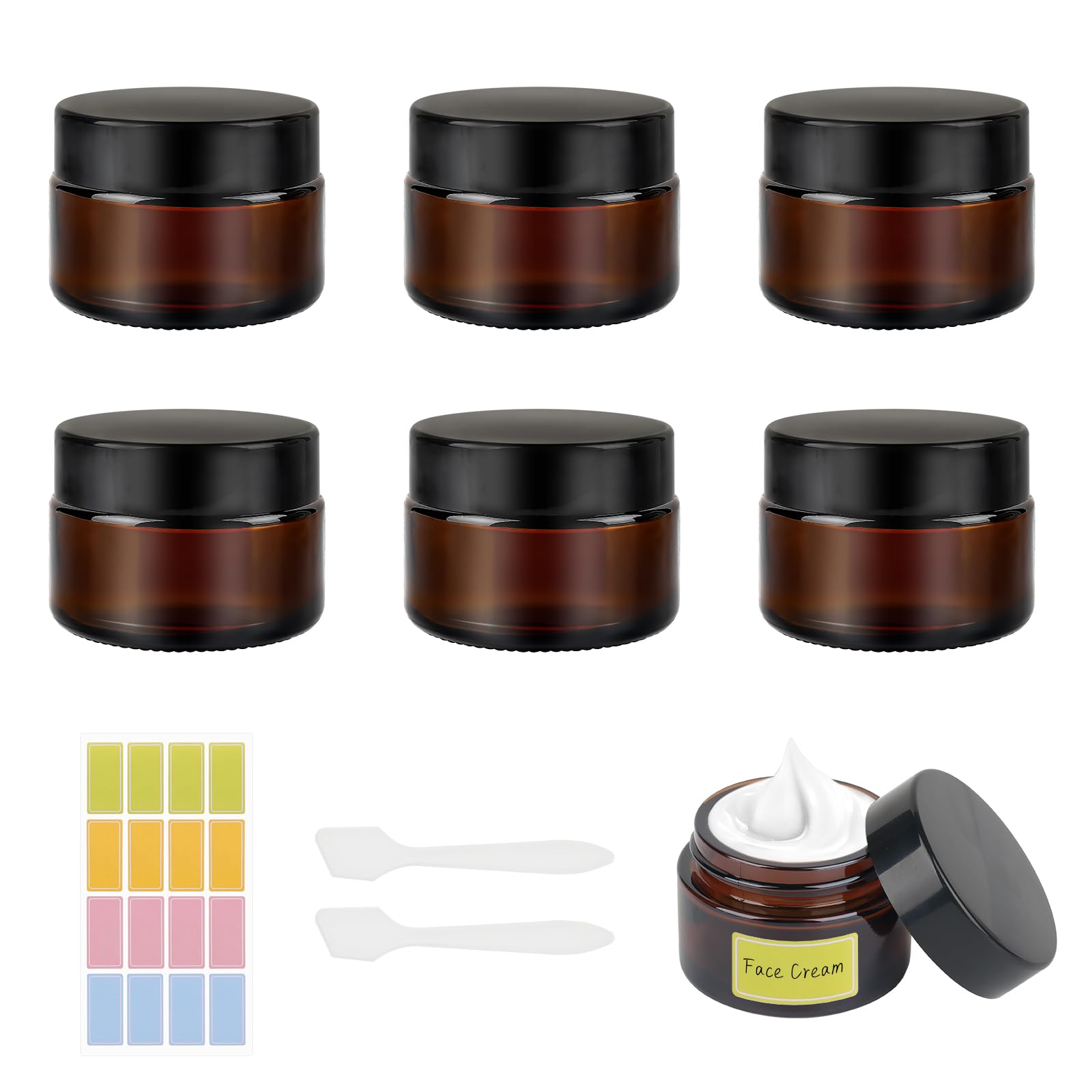 30ml Amber Glass Jars, 6 Pack Empty Cosmetic Jars with Lids,Travel Pots with Spatula and Labels for Toiletries, Cosmetics,Powder,Lotion,Creams