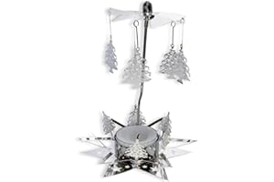 BANBERRY DESIGNS Rotating Trees Candle Spinner - Christmas Home Décor - Intricate Laser Cut Silver Trees- Star Base Tea Light Holder - Xmas Decoration