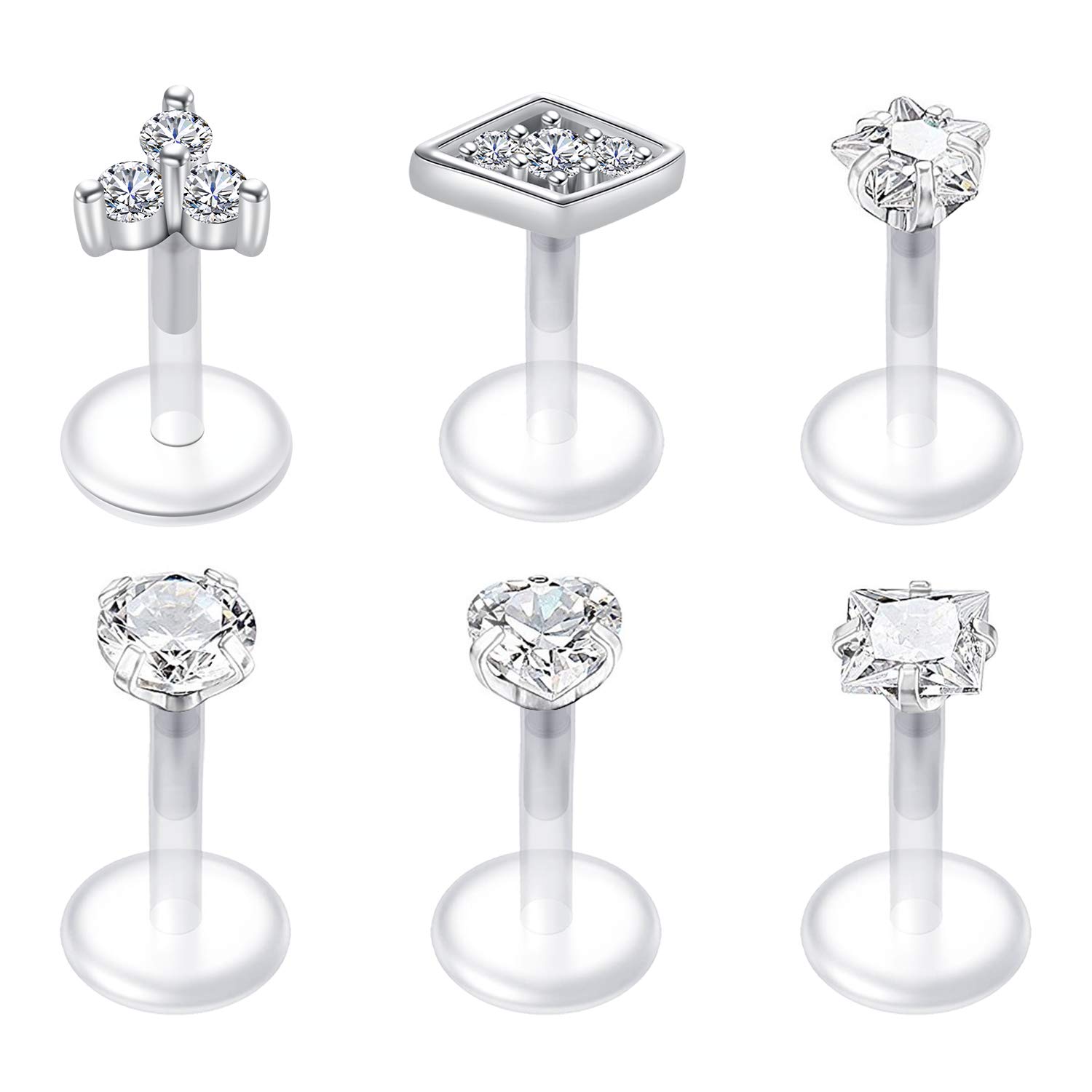 Briana Williams Clear Lip Bars Labret Stud Retainers with CZ 16G 6mm Bioflex Tragus Earring Bars Piercing