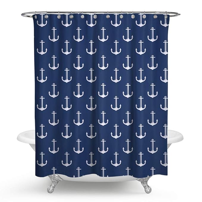 KISY Anchor Waterproof Bath Shower Curtain Nautical Anchors Striped