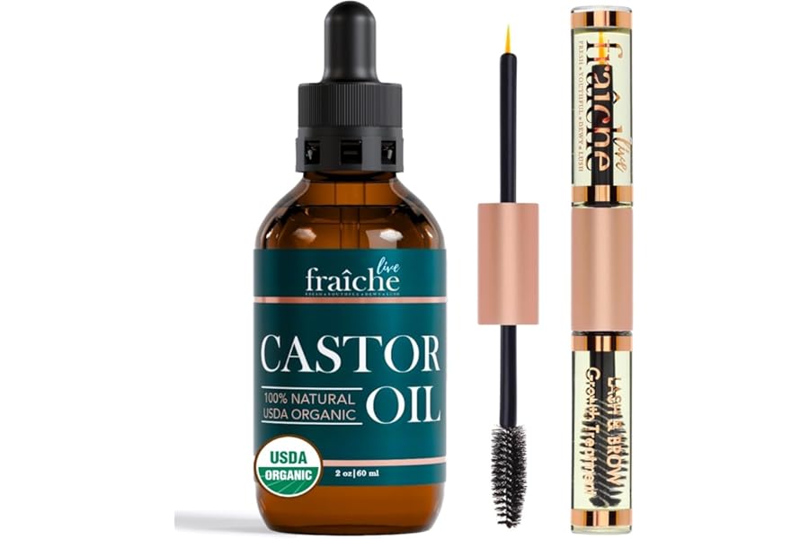 Live Fraiche Organic Castor Oil Lash Serum for Hair Growth, 100% Pure Eyebrow Eyelash Growth Serum, Cold Pressed Hexane Free (2oz Glass Bottle + FILLED Mascara Tube)