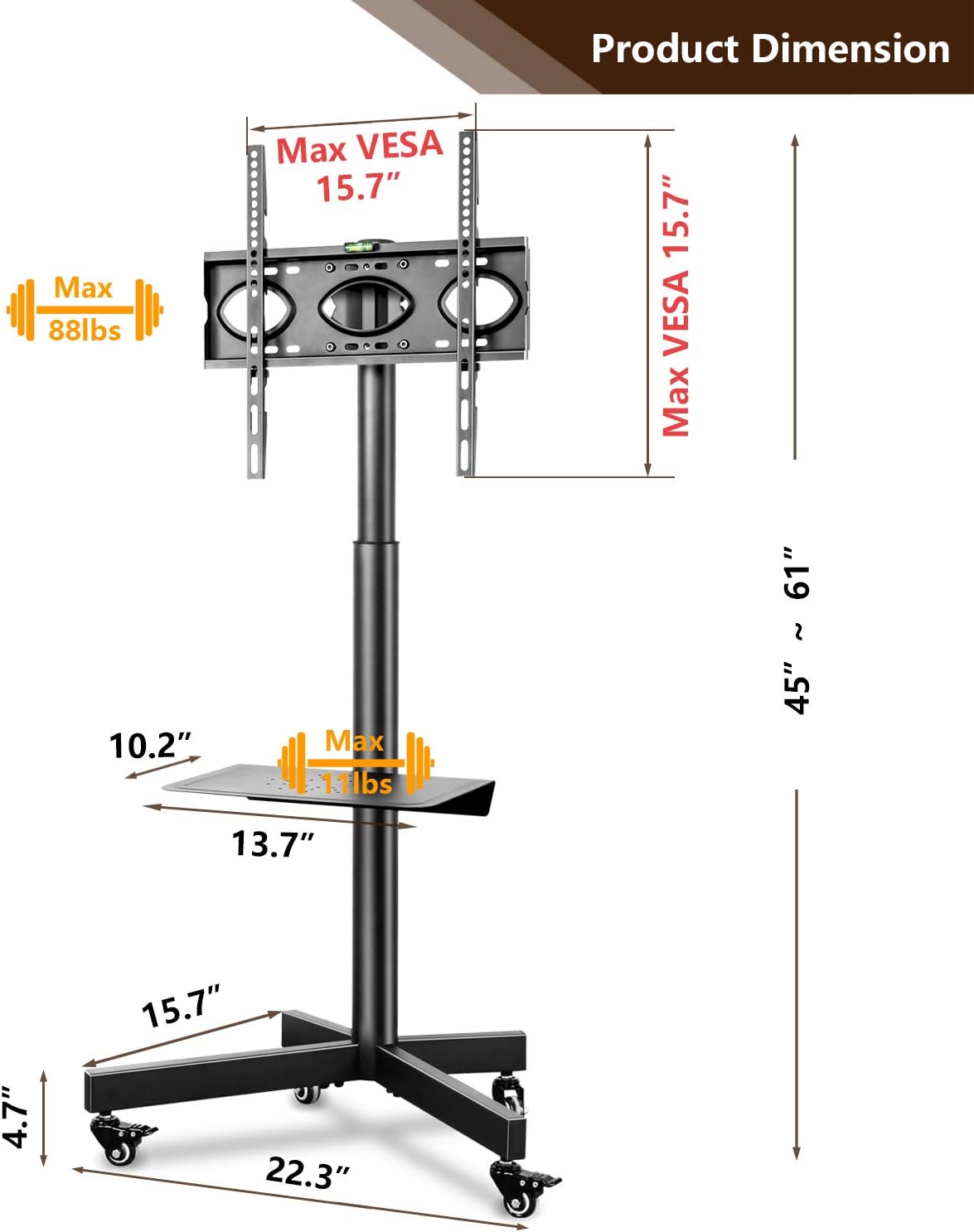 TVON Mobile TV Cart with Wheels for 23-55 inch LCD LED Flat Curved Screen TVs, Portable Rolling TV Stand with Height Adjustable Laptop Shelf, Holds up to 88 lbs Max VESA 400x400mm: Furniture & Decor