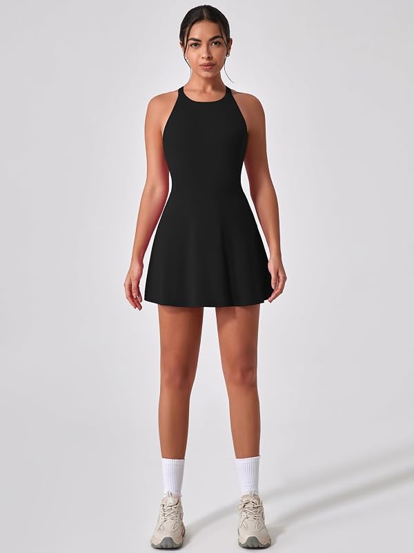 Tenniskleid Damen Golfkleid mit Integriertem BH und Shorts Tasche Cross Back Cut Out Sportkleid Mädchen Trainingskleid Freizeitkleid Tank Dress Athletic Workout Fitness Sport schwarz M