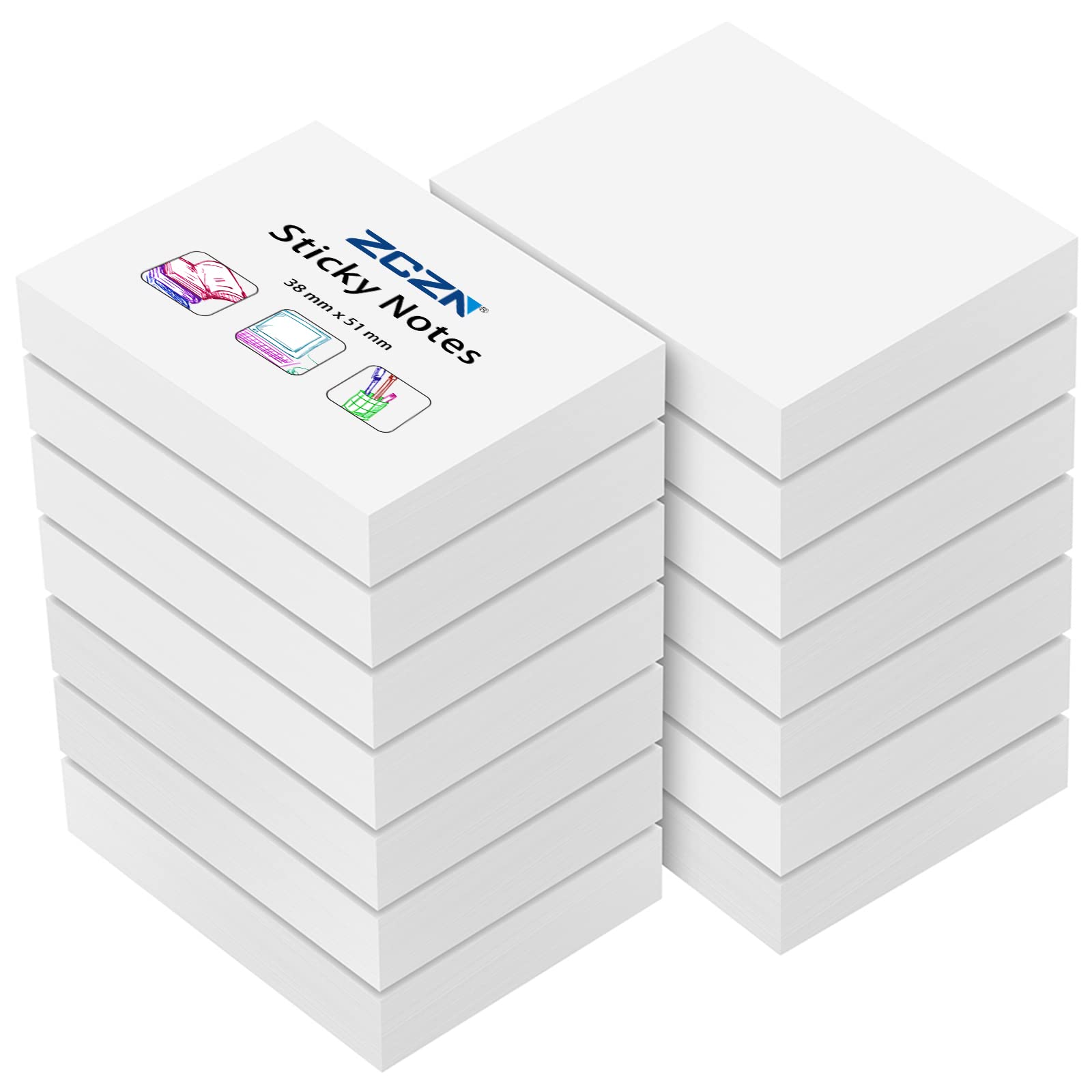 ZCZN Small Sticky Notes 38 x 51mm, 100 Sheets/Pad, 14 Pads, White