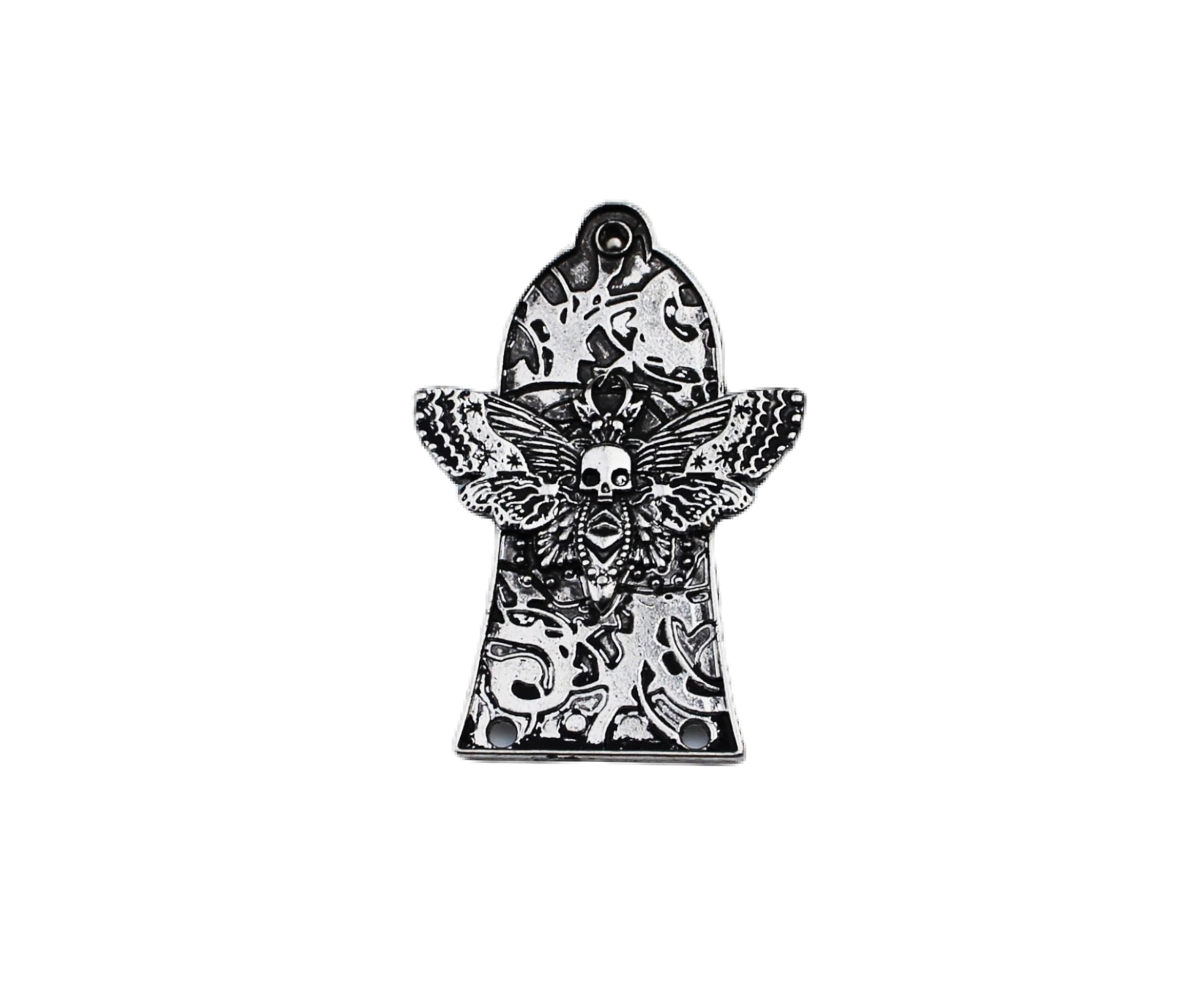 Guyker 3 Holes Guitar Head Cover, 1Pcs Zinc alloy Guitar Truss Rod Cover for GIB LP Style Guitar Accessories Parts, Butterfly Skeleton Pattern JA3002, Ancient Silver