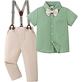 ZOEREA Boys Clothes Formal Suit Gentleman Wedding Outfit Short Sleeve Shirt with Bow Tie and Suspender Pants 2-10 Years