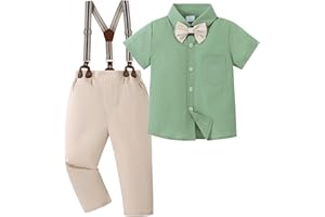 ZOEREA Boys Clothes Formal Suit Gentleman Wedding Outfit Short Sleeve Shirt with Bow Tie and Suspender Pants 2-10 Years