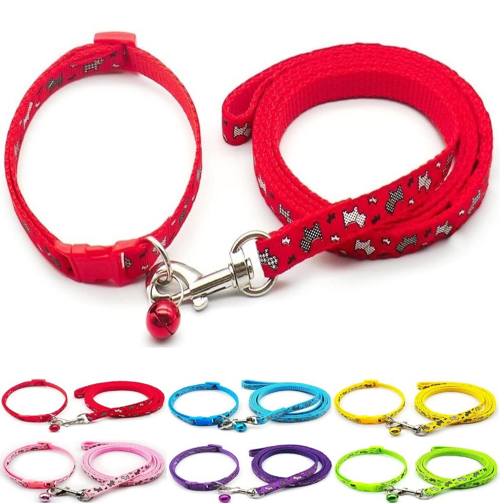 Small Dog Puppy Pet Collar and Lead Set Scotty Dogprint Design Nylon Adjustable Size 19-32cm Collar with Bell and 120cm Leash Red