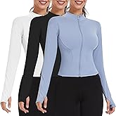 Shyyween 3 Pack Women's Workout Jacket Slim Fit Cropped Jacket Zip up Athletic Tops with Thumb Hole Running Gym Yoga