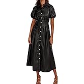 EZAPINE Womens Faux Leather Lapel Collared Pleated Button Down Short Sleeve Tunic Midi Dress Casual A-line Long Dress