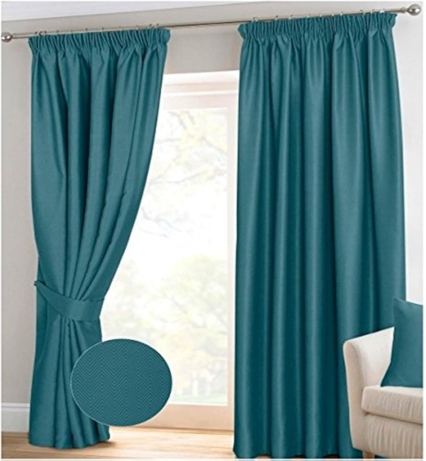 RAYYAN LINEN Thermal Pencil Pleat Blackout Tape Top Pair of Curtains With Free Tiebacks (66" X 90", Teal)