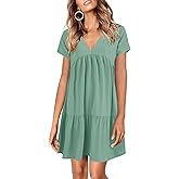 Lueluoye Women V Neck Flowy Babydoll Dresses 2025 Summer Short Sleeve Swing Shift Loose Casual Summer Mini Tunic Dress