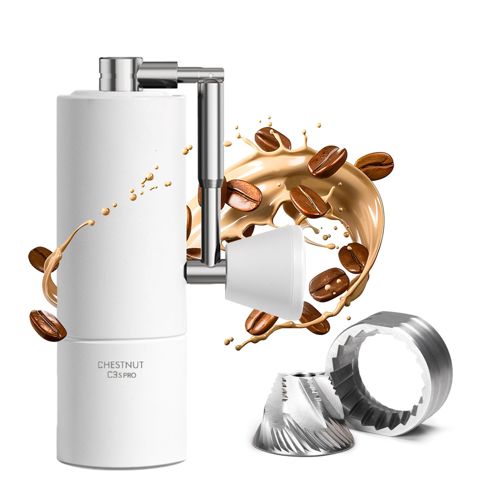 TIMEMORE Coffee Grinder Manual Stainless Steel Conical Burr Coffee Grinder with Foldable Handle, Chestnut C3S PRO Internal Adjustable Setting Capacity 20g for Pour Over French Press Coffee White