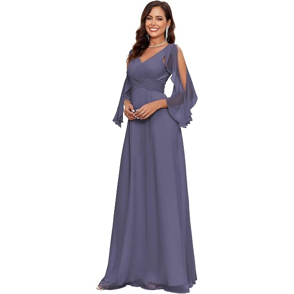 Women's Formal Dress - Shawl Neck, Ruffle Sleeve, Chiffon Ball Gown For Wedding Guest & Prom - View #11