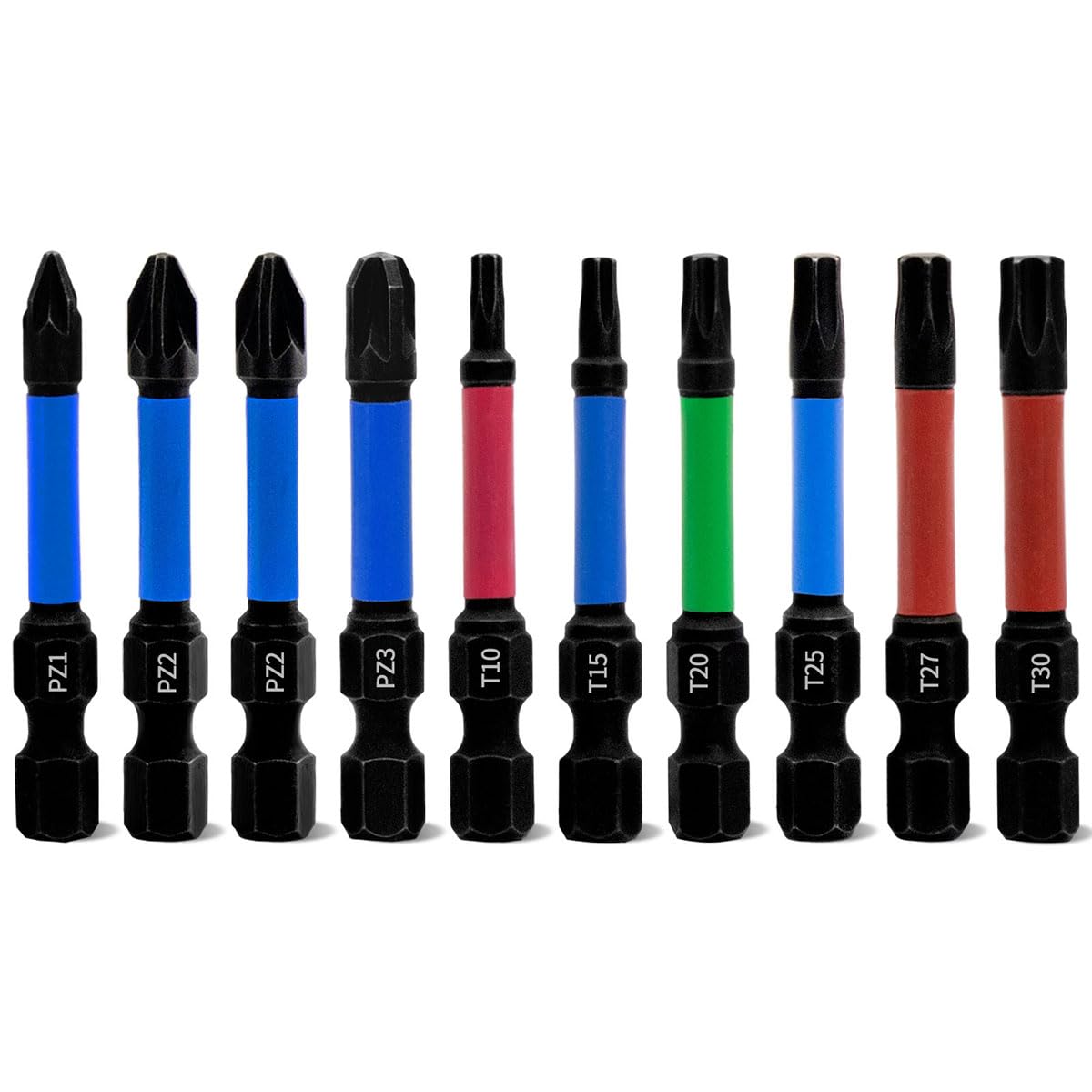 Meccion Pozidriv and Torx Screwdriver Bit Set 10pcs 50mm Length Professional Magnetic Impact Driver Bits PZ1 PZ2*2 PZ3 T10 T15 T20 T25 T27 T30-1/4" Hex Shank