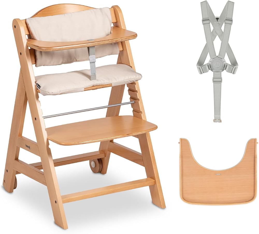 hauck Beta+ Natural Wooden High Chair Set 6 Months to 90 kg with Wheels