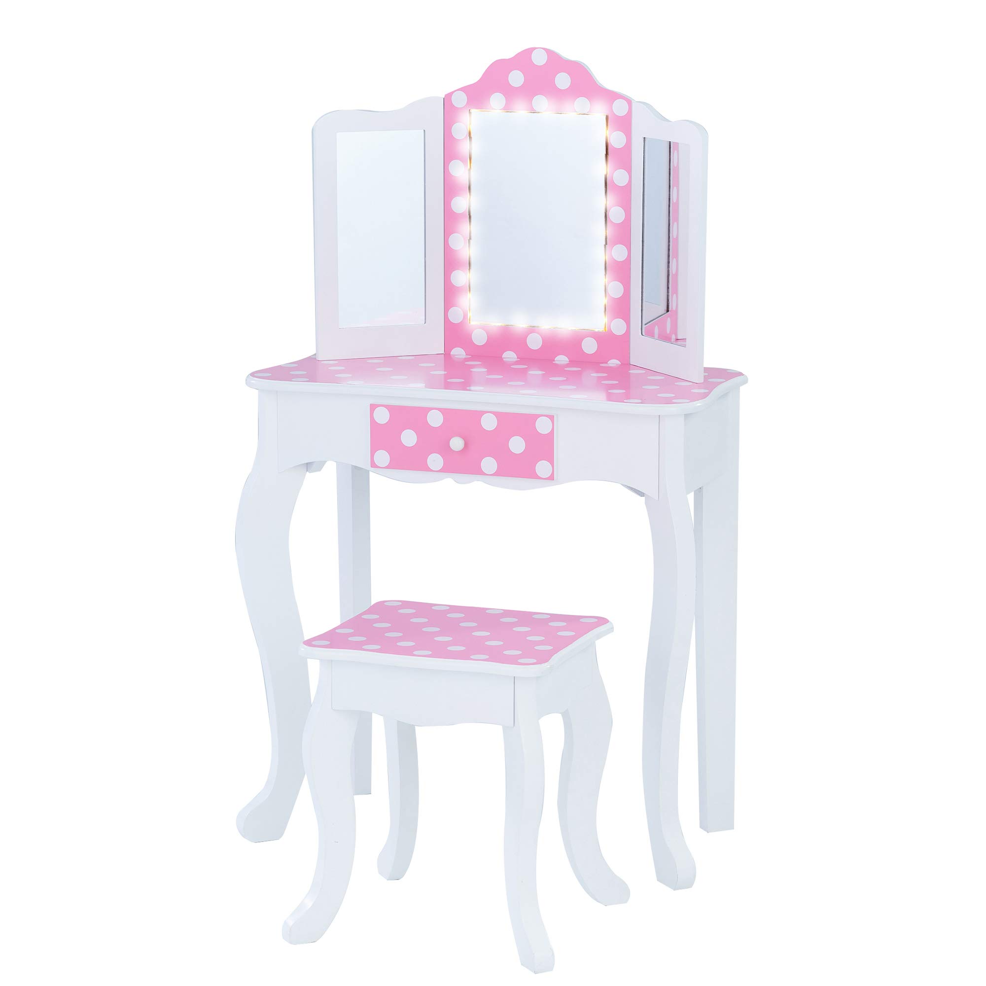 Teamson Kids Princess Gisele Polka Dot Print 2-Piece Kids Wooden Play Vanity Set with Vanity Table, LED-Illuminated Tri-Fold Mirror, Storage Drawer, and Matching Stool, White with Pink Polka Dot