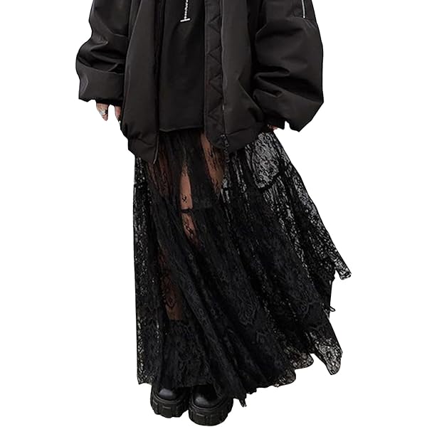Verdusa Women's Contrast Lace Long Skirt - A-Line, Low Waist, Flowy Flared Hem