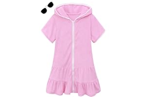 LUCKYGAL Girls Swim Cover Up Kids Swimsuit Coverup Terry Zip-Up Beach Bathing Suit Wraps with Sunglasses