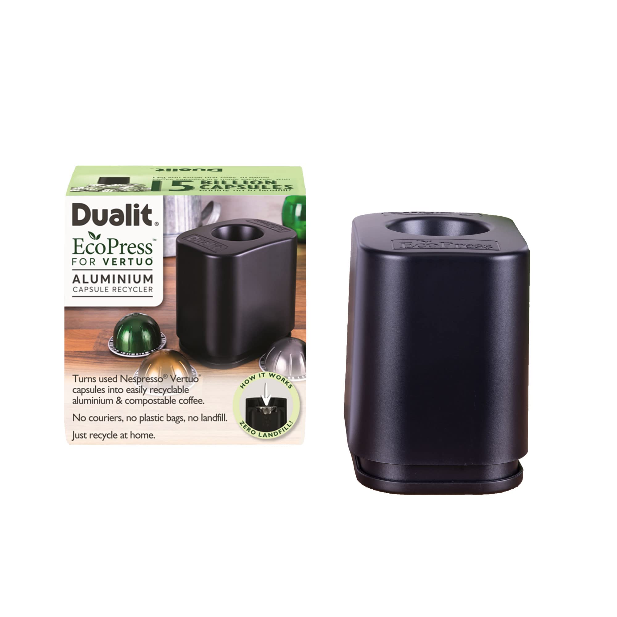 Dualit EcoPress™ Aluminium Coffee Capsule Recycling Tool - Compatible with Vertuo* Capsules - Eco Tool for Vertuo* Capsules & Coffee Grounds