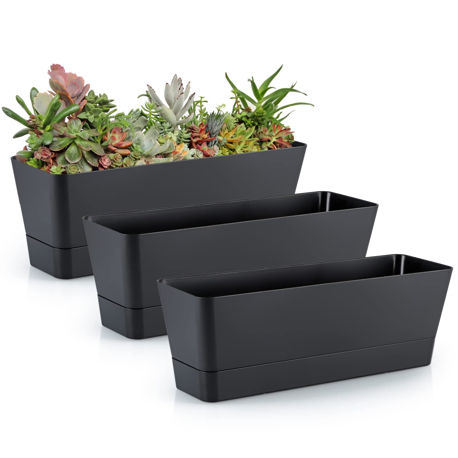 Skelang 3 Pcs Small Rectangle Plant Pot, Succulent Planter Box with Drainage Holes, Planter Trough for Coffee Table, Dining Table, Outdoor Table, Windowsill (Black)
