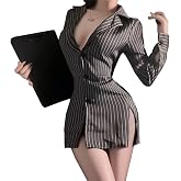 Sexy Secretary Outfit For Women Cosplay Lingerie Librarian Teacher Costume | Halloween Roleplay Outfits, Naughty Sexy Adult Costumes, Striped Print, Long-Sleeved, Deep V-Neck Shirt, Boyfriend Shirt