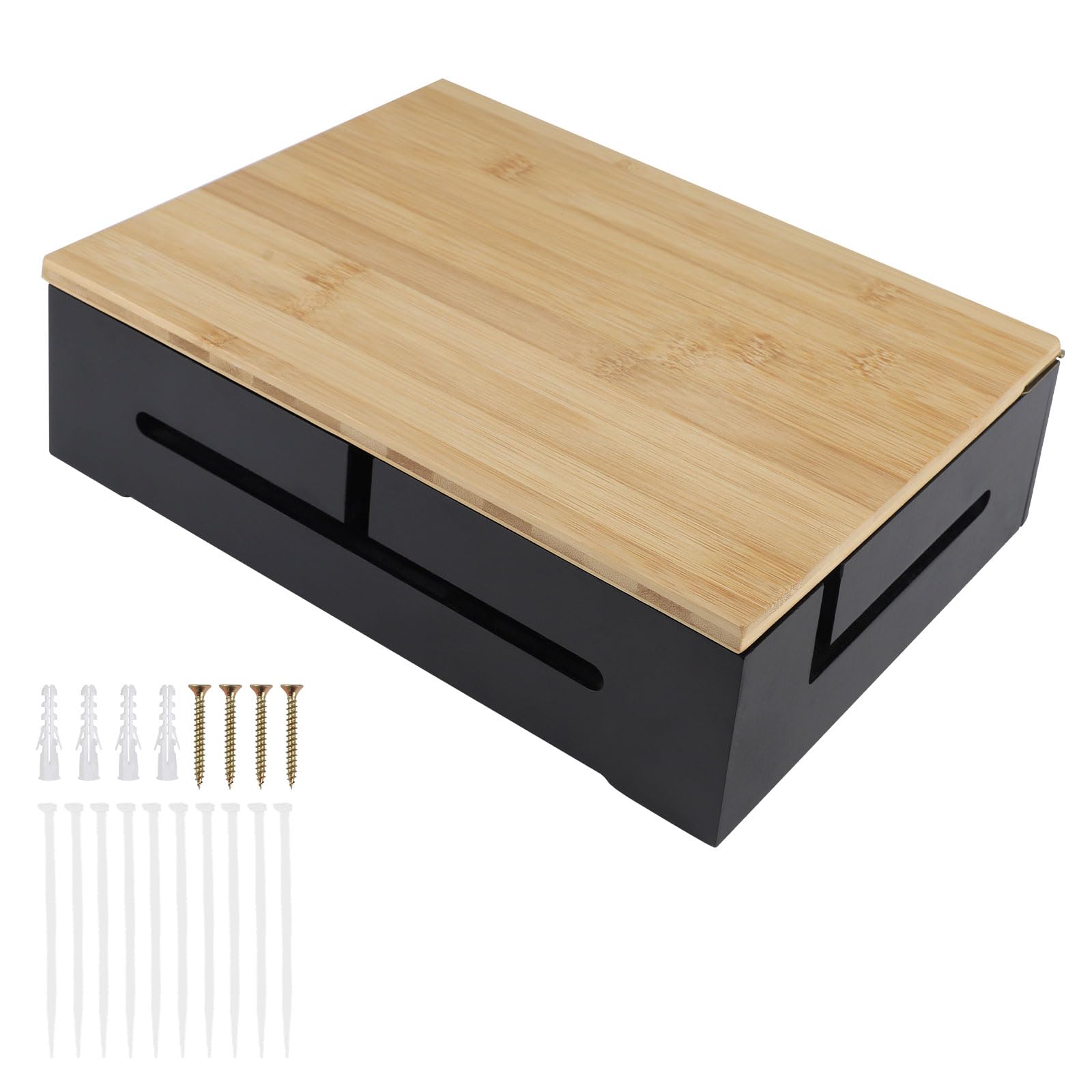 DBREAKS Cable Management Box, Wooden Cable Organiser Box with Magnetic Bamboo Lid and Cable Ties, Wall Mountable Cable Box, Cable Box for Cable Organiser (Black)