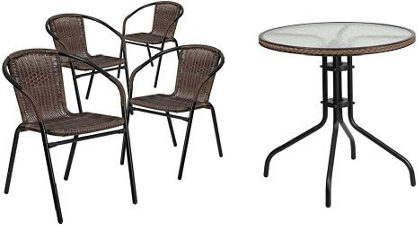 Flash Furniture 28'' Round Glass Metal Table with Dark Brown Rattan Edging and 4 Dark Brown Rattan Stack Chairs