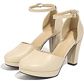Lyngixko Women's High Block Heels Pumps Round Closed Toe Ankle Strap Dress Wedding Shoes