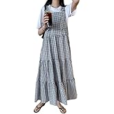 chouyatou Women's Retro Plaid Suspender Maxi Dress Sleeveless Ruffle Tiered Overall Jumper Long Dress