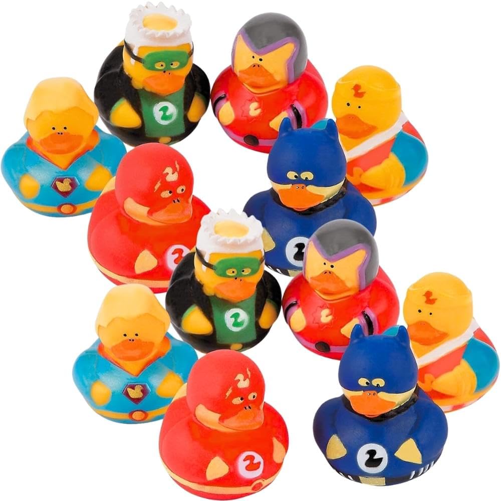 Fun Express Super Hero Rubber Duck Duckies Party Favors - 12 Pieces
