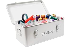 Xbopetda Sewing Box, Sewing Organizer Box Metal, Sewing Kit Storage Box, Sewing Supplies Case with Safety Locks, 4 Compartments Sewing Basket, Sewing Storage Box for Thread, Scissors & Pins (White)