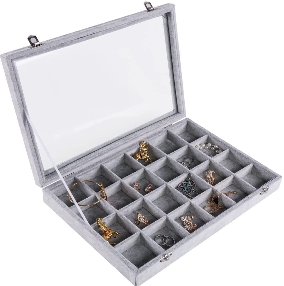 BASUWELL 24 Grids Velvet Glass Jewellery Ring Bracelet Display Organiser Case Holder Earrings Storage Box