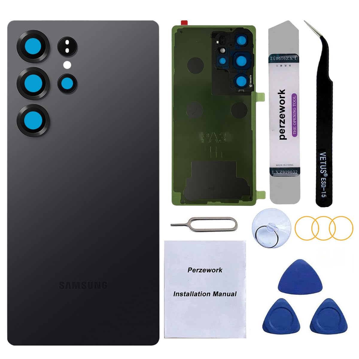 Perzework Rear Back Glass Replacement for Samsung Galaxy S25 Ultra 6.9-inches with Reparing Toolkit(Titanium Black)